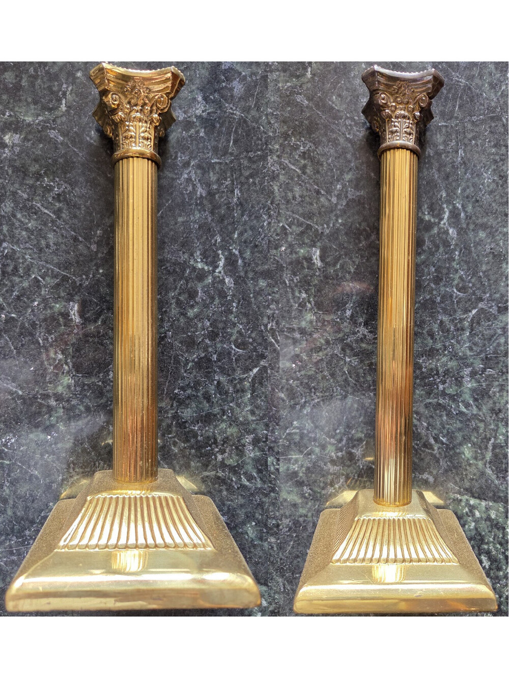 Pair Vintage Brass Column Candlesticks – Corinthian Neo-Classical Pillar Style